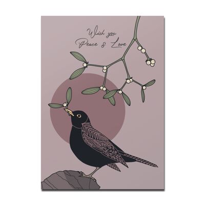 Postal Navidad mirlo muérdago