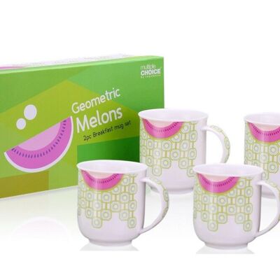 Coffret cadeau de 4 Mugs Art Déco Pastèque, porcelaine de grande qualité 340ml