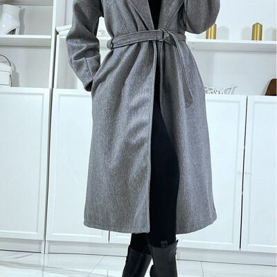 LONG MANTEAU GRIS AVEC CEINTURE ET POCHES