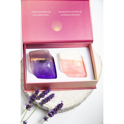 crystal soap giftset amethist and Rose quarts