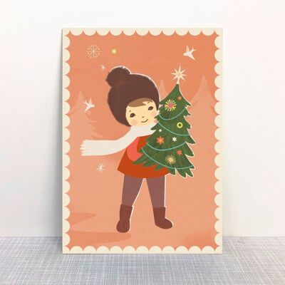 Niño postal con árbol de Navidad
