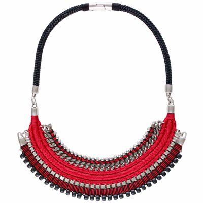 Collar llamativo ÚTICA rojo y negro decorado con cuentas y cadenas