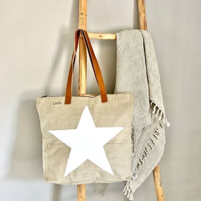 Sac cabas (toile légère vintage) étoile blanc NEUF