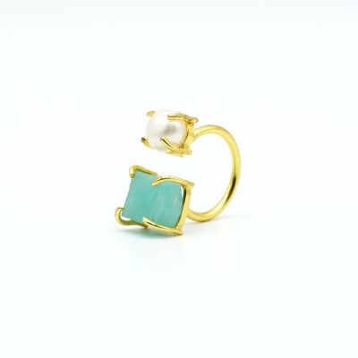 Golden Pearl and Amazonite ring, adjustable. Fashion. Golden. Weddings, guests. Hand Crafted.