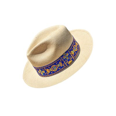Chapeau Panama Homme – Femme - Couleur naturelle - bande Bleue à motifs - XS