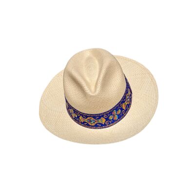 Chapeau Panama Homme – Femme - Couleur naturelle - bande Bleue à motifs - M