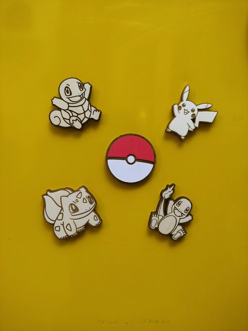 Set of 5 Pokémon Wooden Fridge Magnet, Pikachu, Charmander, Squirtle, Bulbasaur Poké Ball, Super Neodymium Magnet, Kitchen Decor, Personalized Gift