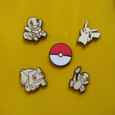 Set aus 5 Pokémon-Holz-Kühlschrankmagneten, Pikachu, Glumanda, Squirtle, Bulbasaur Pokéball, Super-Neodym-Magnet, Küchendekoration, personalisiertes Geschenk