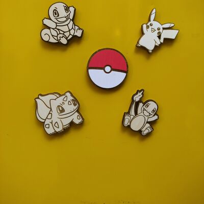 Conjunto de 5 Pokémon Imán de nevera de madera, Pikachu, Charmander, Squirtle, Bulbasaur Poké Ball, Super imán de neodimio, decoración de cocina, regalo personalizado