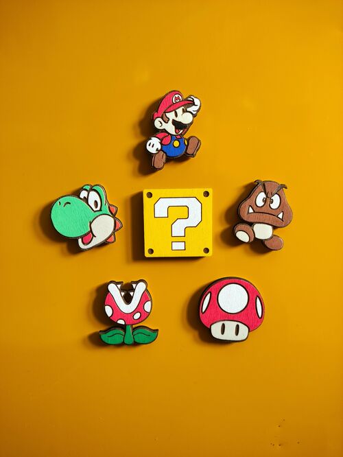 Set of 6 Super Mario Wooden Fridge Magnet, Yoshi, Mushroom, Piranha Plant, Mystery Box, Goomba, Retro Geek Decor, Kitchen Decor, Personalized Gift