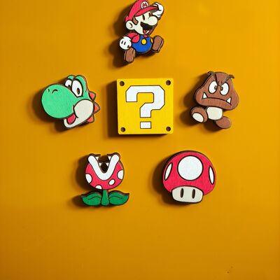 Set aus 6 Super Mario Kühlschrankmagneten aus Holz, Yoshi, Pilz, Piranha-Pflanze, Mystery Box, Goomba, Retro-Geek-Dekor, Küchendekoration, personalisiertes Geschenk