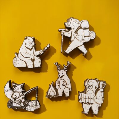 Set of 5 Wooden Fridge Magnet Wild Animals Camping, Bear, Deer, Fox, Boar, Kitchen Decor, Personalized Gift