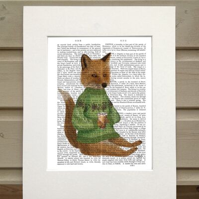 Fox in sweater with latte, Cabin book print, art print