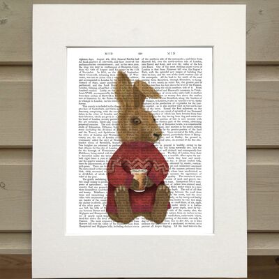 Rabbit in sweater with latte, Cabin book print, art print, wall art