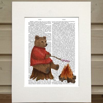 Bear roasting marshmallows, Cabin book print, art print, wall art