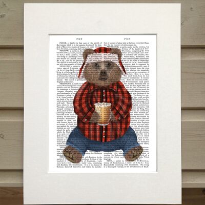 Bear lumberjack & latte, Cabin book print, art print, wall art