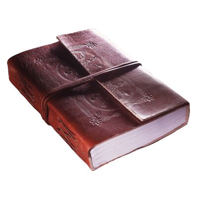 Notebook with embossed leather cover, leather strap closure, 15 x 23 cm