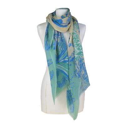 Stole scarf in wool printed with tiger, monkey and giraffe pattern, green jade çadon