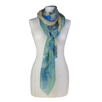 Etole foulard écharpe en laine imprimée motif tigre, singe et girafe, vert jade celadon 4
