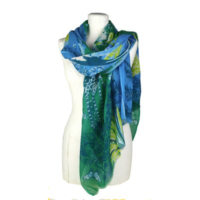 Stole scarf in wool printed with tiger, giraffe and monkey pattern, Safari green blue