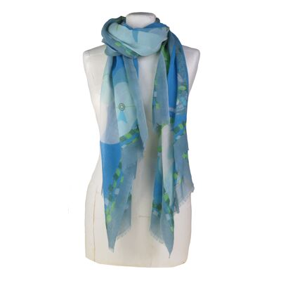 Bilbao printed wool stole, manga-inspired large kite motif, sky blue and green