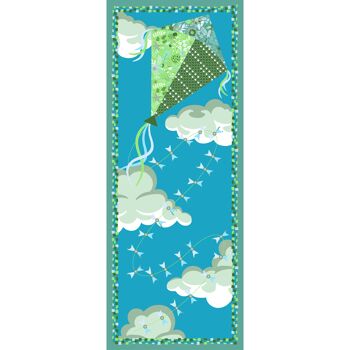 Etole en laine imprimée Bilbao, motif grand cerf volant inspiration manga, bleu ciel et vert 3