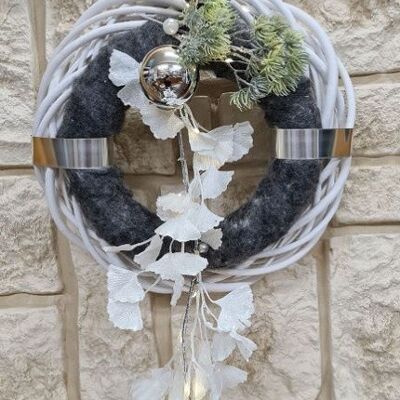 Winter wreath wall wreath No.62 door wreath white 35 cm anthracite garland light chain