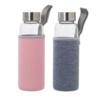 BOTTIGLIA IN VETRO 360ML+90948 CON COPERCHIO IN NEOPRENE ROSA/GRIGIO SURT °6X19CM, VETRO BOROSILICATO LL559