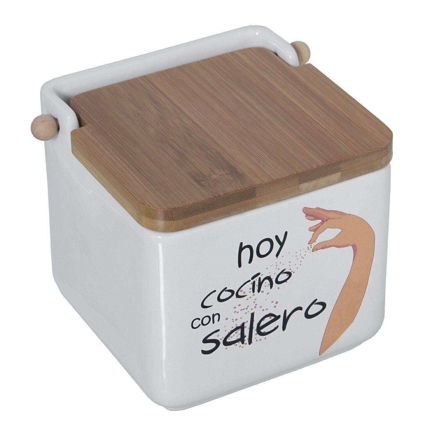 SALIERA IN CERAMICA - OGGI CUCINO CON LA SALIERA - CON COPERCHIO IN LEGNO _12X12X12CM LL1128