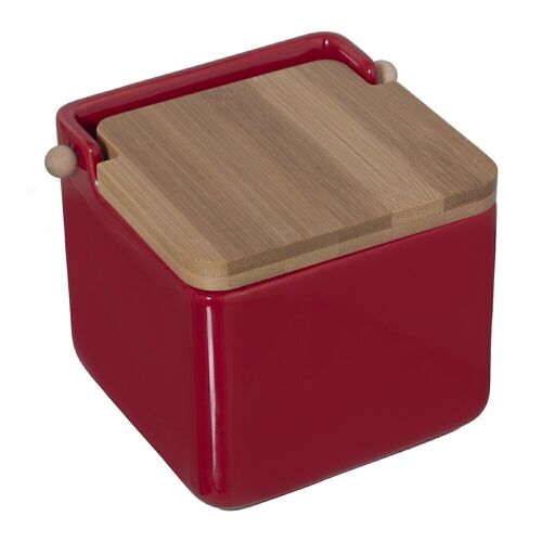 SALERO CERAMICA ROJO C/TAPA MADERA 12X12X12CM LL1129