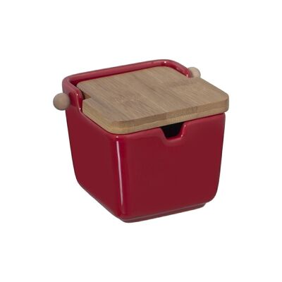 RED CERAMIC SUGAR BOWL WITH WOODEN LID 8.5X8.5X8.5CM LL1139