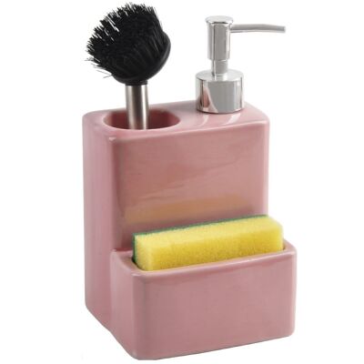 DISTRIBUTEUR À RÉCURER EN CÉRAMIQUE ROSE AVEC BROSSE ET ÉPONGE _11X9X18CM LL1154