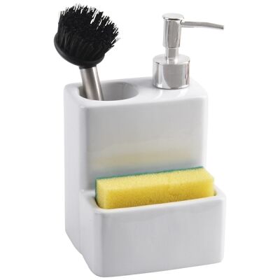 WHITE CERAMIC SCRUBBER DISPENSER WITH BRUSH AND SPONGE _11X9X18CM LL1153