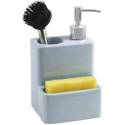 LIGHT BLUE CERAMIC SCOURING DISPENSER WITH BRUSH AND SPONGE _11X9X18CM LL1155