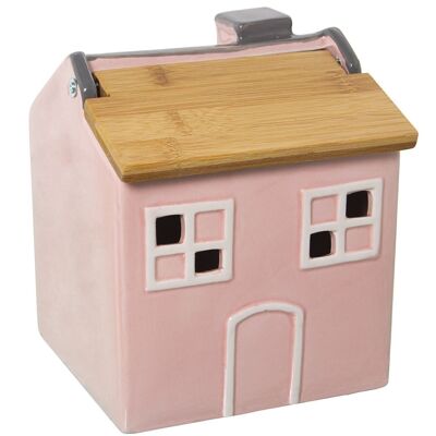 BOTE AJOS CERAMICA ROSA C/TAPAMADERA BAMBU 16X15X19CM LL1156