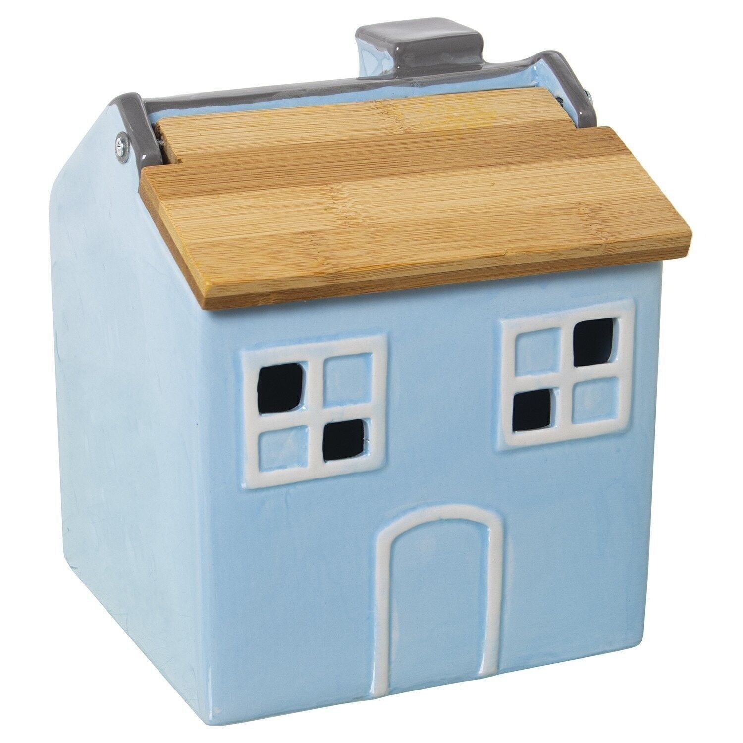 BARATTOLO PER AGLIO IN CERAMICA AZZURRO CON COPERCHIO IN LEGNO DI BAMBÙ 16X15X19CM LL1159