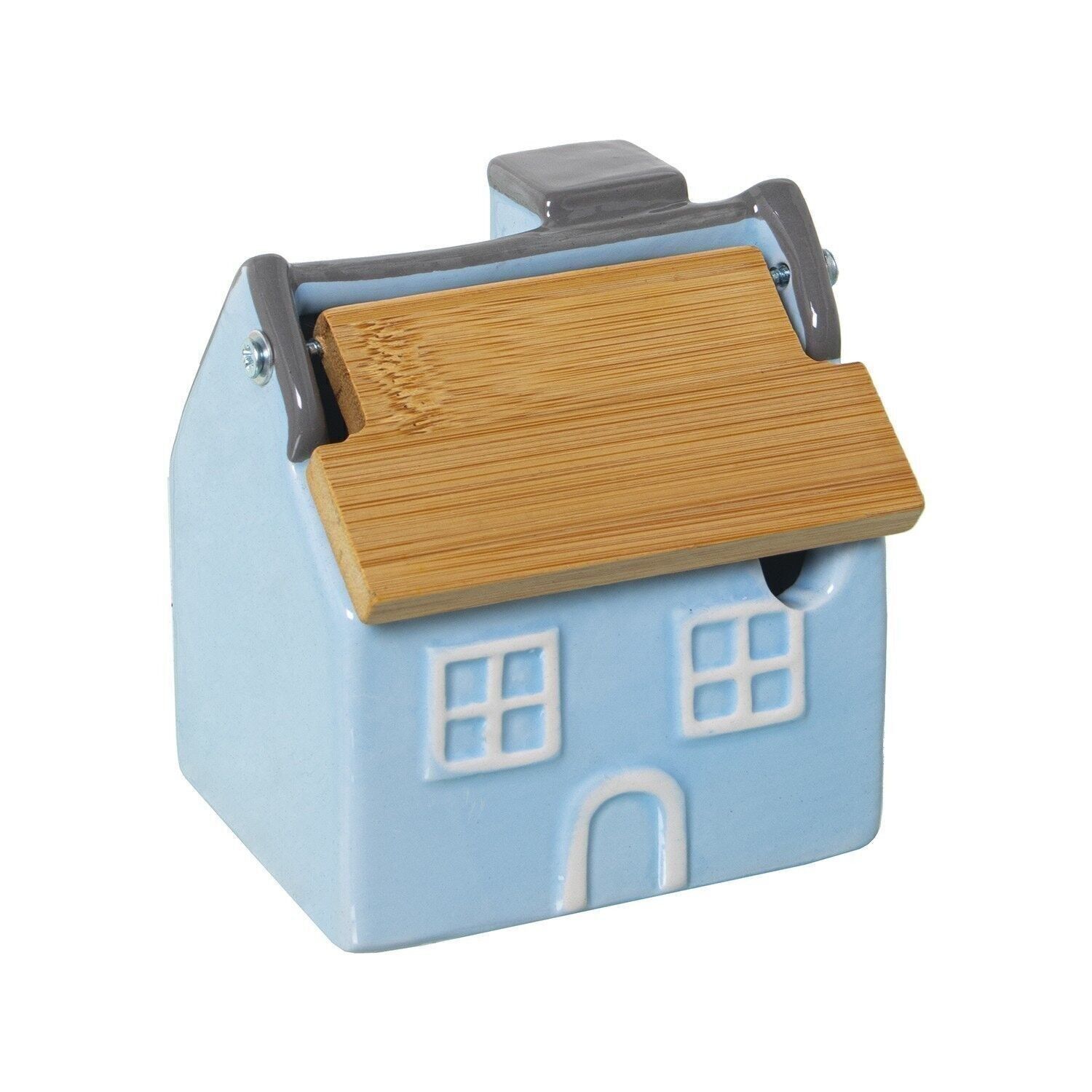 Hellblaue Zuckerdose aus Keramik mit Deckel aus Bambusholz, 10 x 8 x 11 cm, LL1161