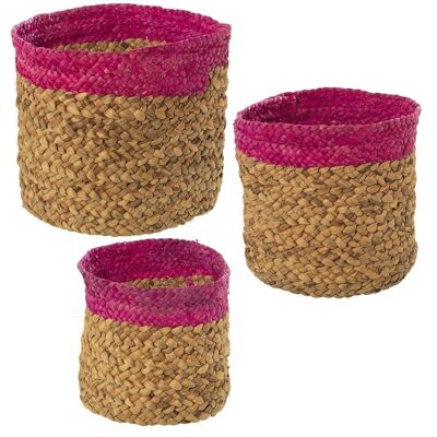 SET 3 CESTOS PAJA NATURAL/FUCSIA _°33X32CM °29X28CM °26X25CM LL3772