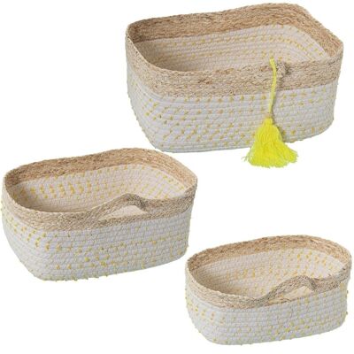 SET 3 PANIERS FEUILLES DE MAÏS/COTON NATUREL À POIS JAUNES 35X25X15+31X21X13+27X12X11CM LL3775