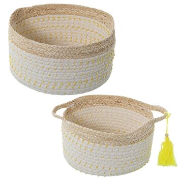 SET 2 PANIERS FEUILLES DE MAÏS/COTON NATUREL À POIS JAUNE °30X16+°25X14CM LL3776