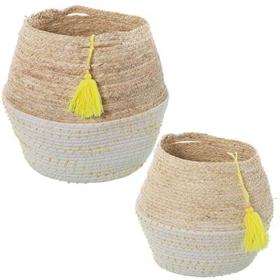 SET 2 CORN/COTTON LEAVES BASKETS WITH YELLOW POTS AND TASSELS °28X36+°23X29CM LL3777