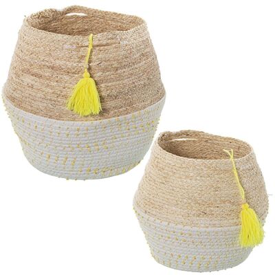 SET 2 PANIERS FEUILLES DE MAÏS/COTON AVEC POTS ET GLANDS JAUNES °28X36+°23X29CM LL3777