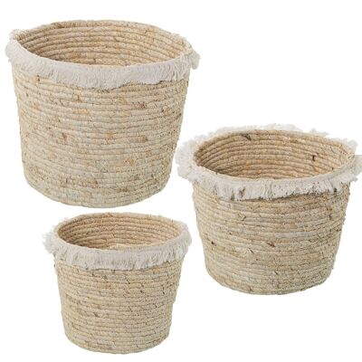 LOT DE 3 PANIERS CONGÉS DE MAÏS NATURELS À FRANGES EN COTON, SANS POIGNÉES °30X28+°27X24+°24X20CM LL3781