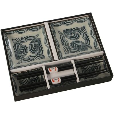 SET À SUSHI EN CÉRAMIQUE POUR 2 AVEC BOÎTE CADEAU : 26X20,5X3,5CM _2X(12X12X2CM)+2X(6,5X8,5X2CM) LL9599