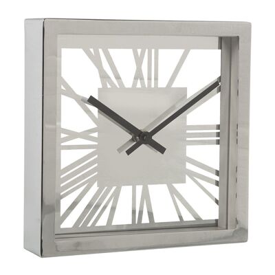 SILVER METAL TABLE CLOCK GLASS/MIRROR 21X5X21CM, 1XAA BATTERY NOT INCLUDED LL11611