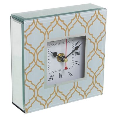 GLASS/WOOD GREEN/GOLD TABLE CLOCK 14X4.5X14CM,1XAA NOT INCLUDED LL12559