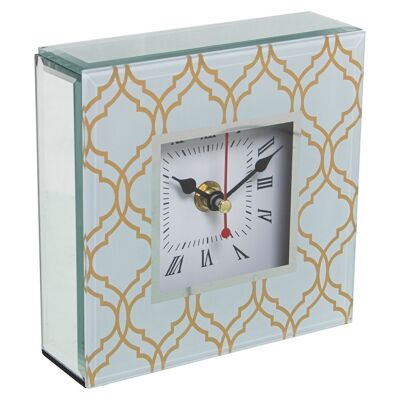 HORLOGE DE TABLE VERRE/BOIS VERT/OR 14X4,5X14CM,1XAA NON INCLUS LL12559