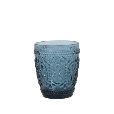 BICCHIERE BLU IN VETRO INFERIORE 270ML DECO. FIORE °8X10CM, LAVABILE IN LAVASTOVIGLIE LL14993