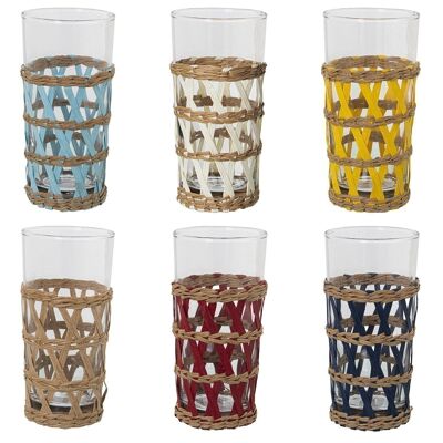 HIGH TRANSPARENT GLASS GLASS 350ML WICKER ASSORTED COLORS °7.5X16CM, WICKER REMOVABLE LL15063