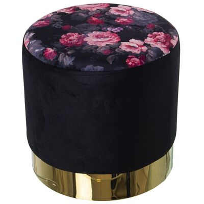 POUF IN VELLUTO NERO STAMPA FIORI CON ANELLO IN METALLO DORATO °36X36CM LL25019